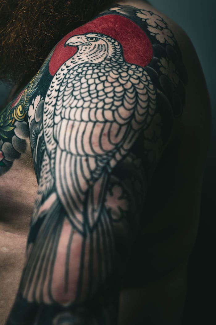 our-services-2 Close-up of a detailed bird tattoo on a male arm with a vibrant red sun.